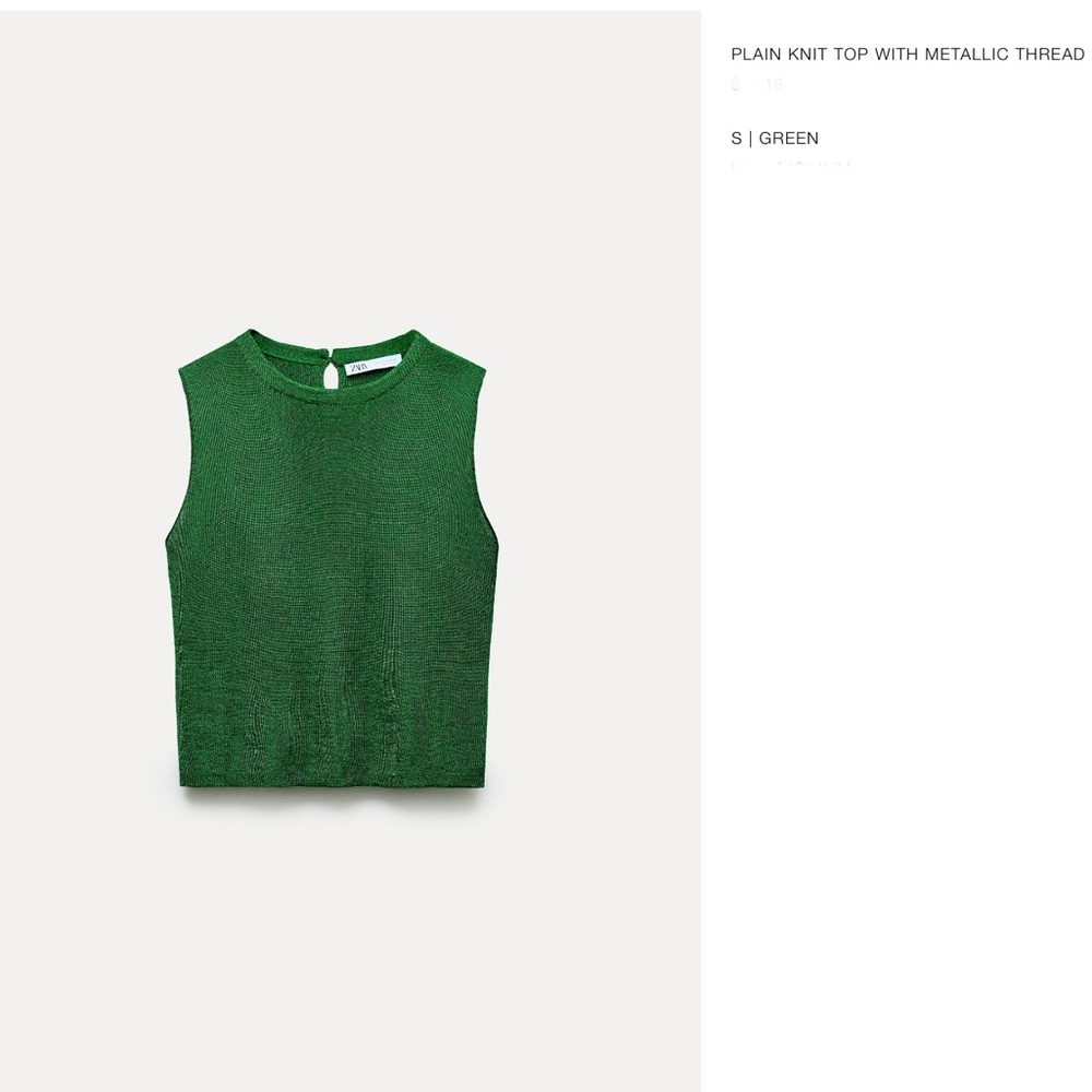 Zara Green Knit Top with Metallic Thread NWT Size Small.